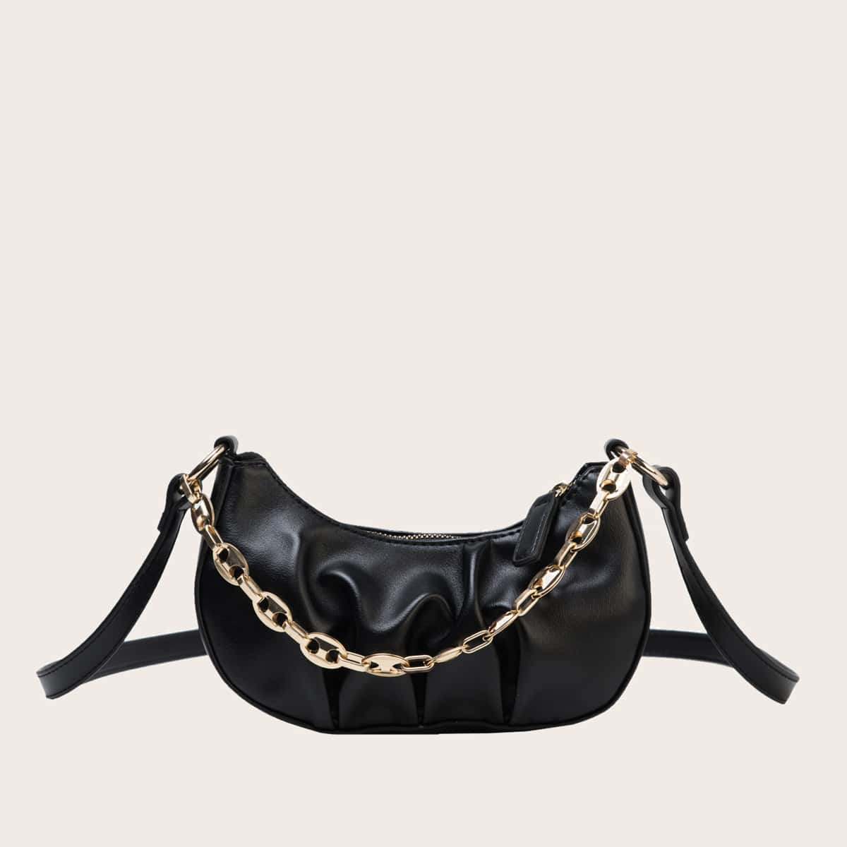Chain Handle Ruched Tote Bag, Black