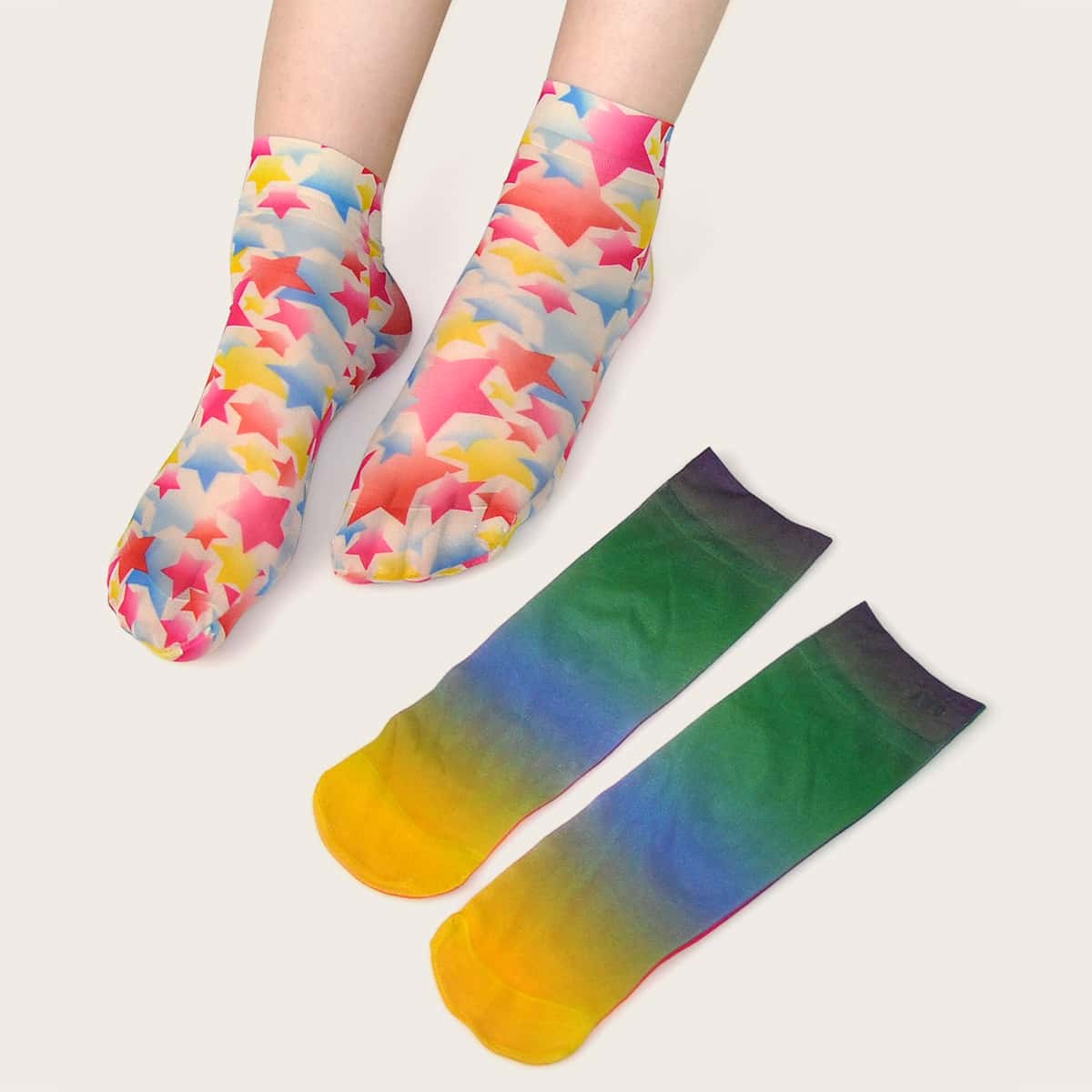 

2pairs Ombre Star Pattern Mesh Socks, Multicolor