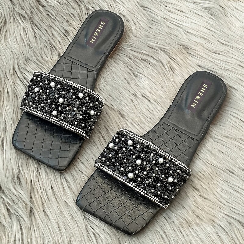 

Rhinestone Decor Croc Embossed Sliders, Black