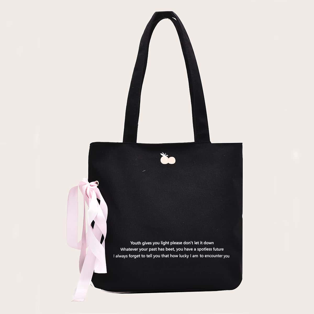 

Bow Knot Decor Slogan Graphic Canvas Tote Bag, Black
