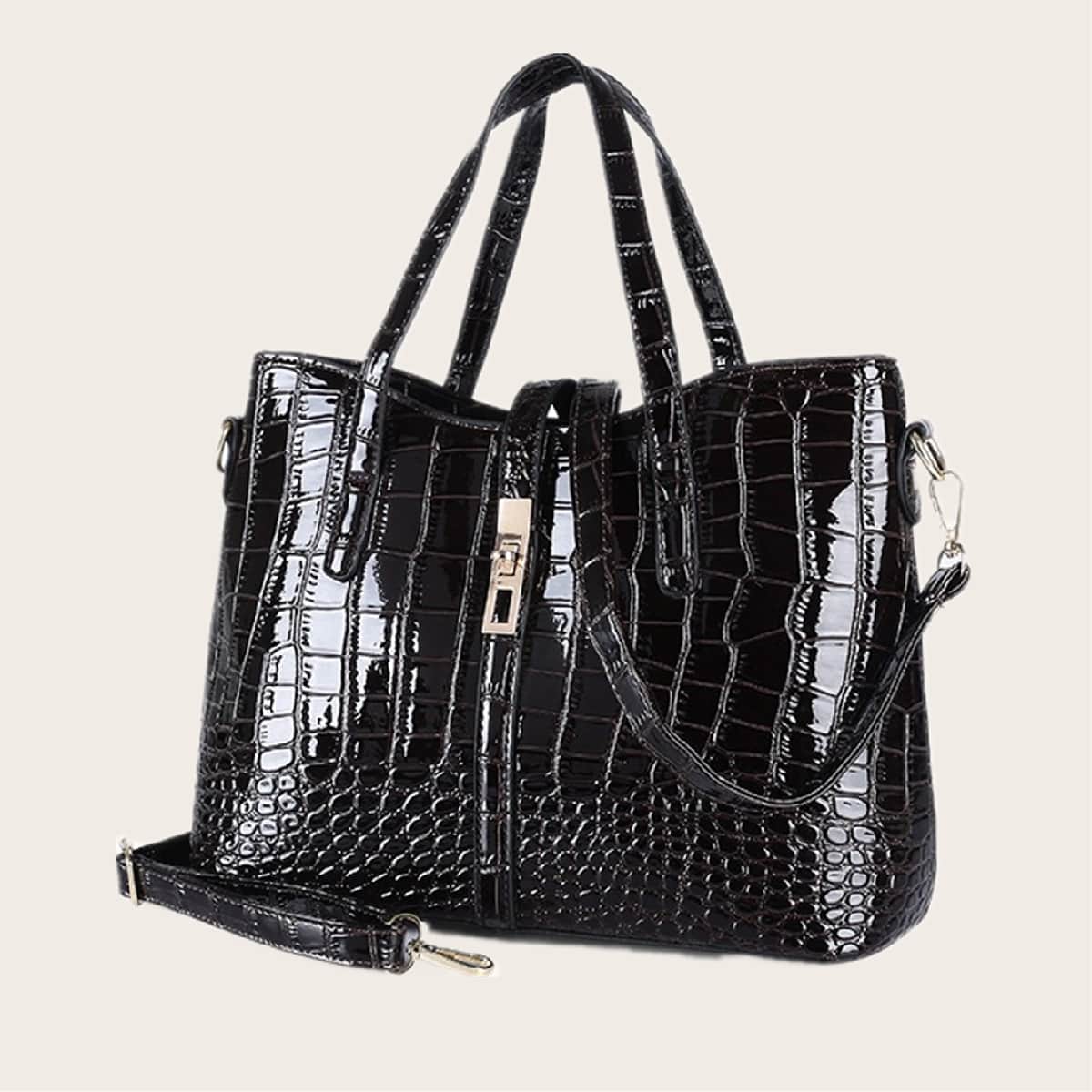 

Patent Croc Embossed Satchel Bag, Black
