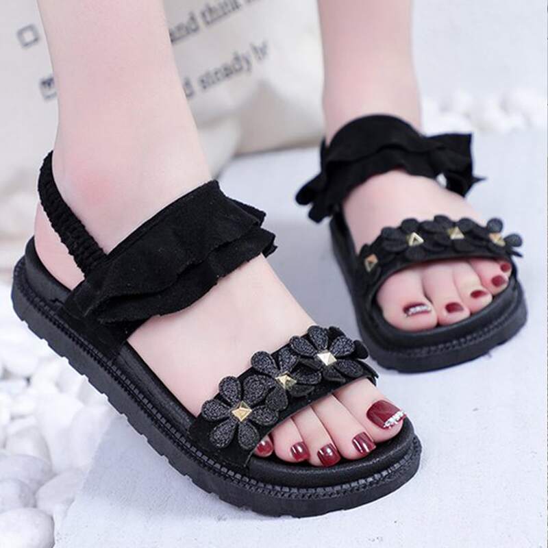 

Floral Decor Ruffle Strap Sandals, Black