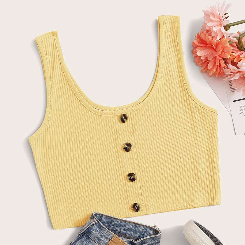

Button Front Ribbed Crop Tank Top, Yellow