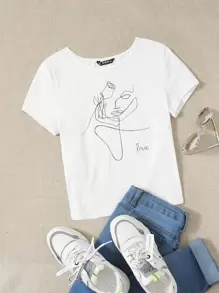 Muchica Camiseta casual de verano para mujer con gráficos de letras y figuras - Blanco - Ver 1