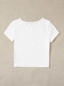 Muchica Camiseta casual de verano para mujer con gráficos de letras y figuras - Blanco - Ver 2