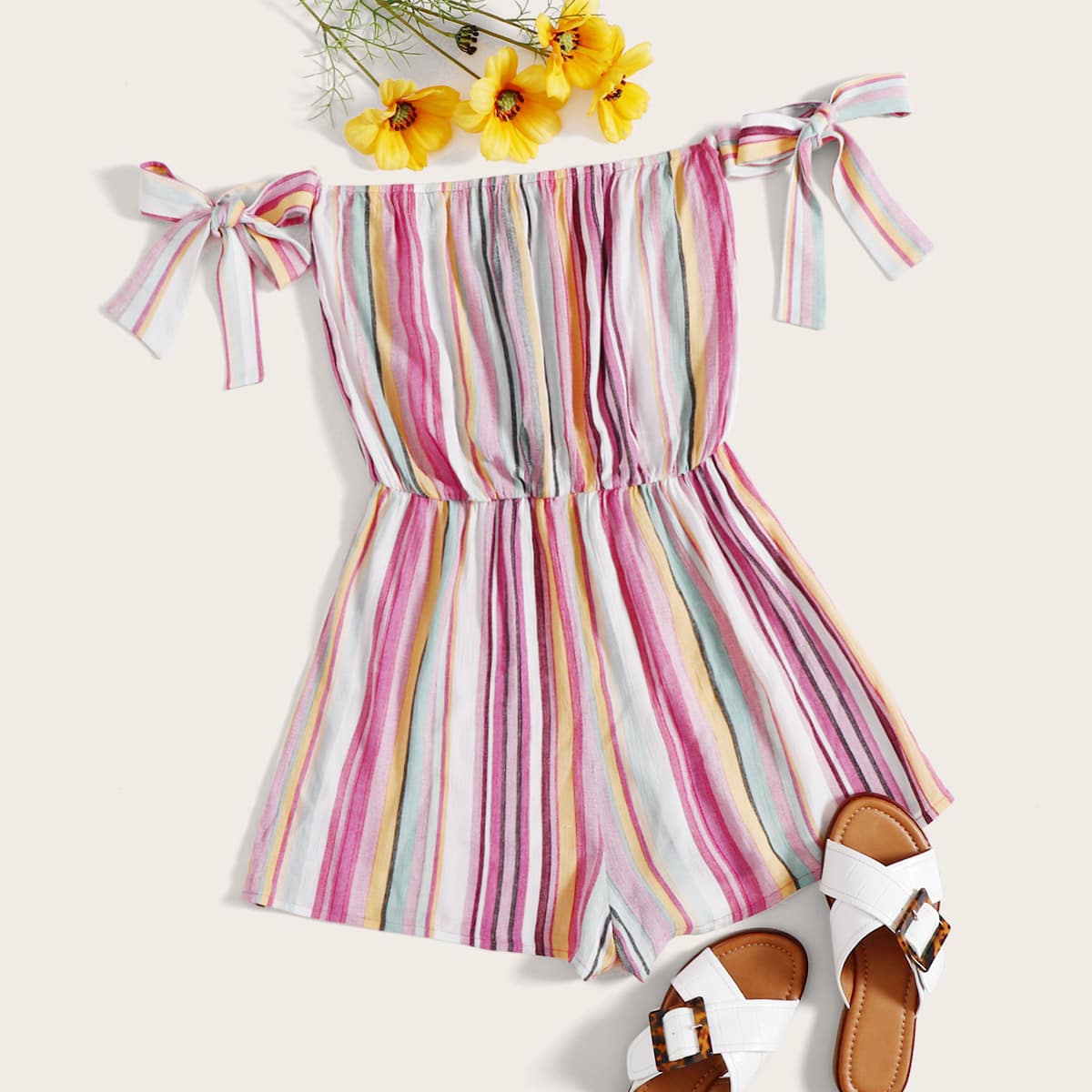 

Off Shoulder Knot Sleeve Colorful Striped Romper, Multicolor