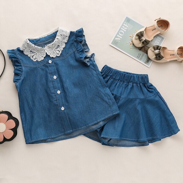 

Toddler Girls Lace Panel Ruffle Denim Top & Skirt, Navy blue