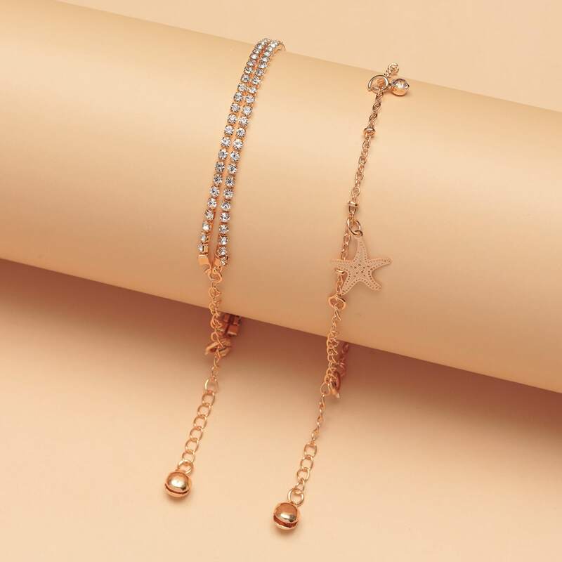 

2pcs Rhinestone Starfish Anklet, Gold