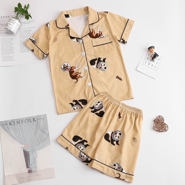 

Toddler Boys Lapel Cartoon Graphic Shirt & Shorts, Khaki