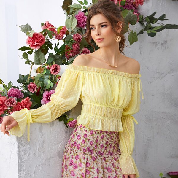 

Off Shoulder Frill Trim Tie Detail Swiss Dot Peplum Top, Yellow pastel