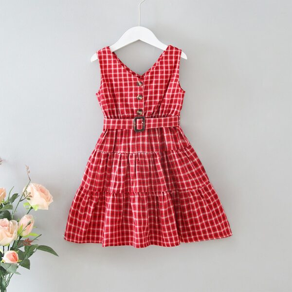 

Toddler Girls V-neck Button Front Plaid Dress With Belt, Red