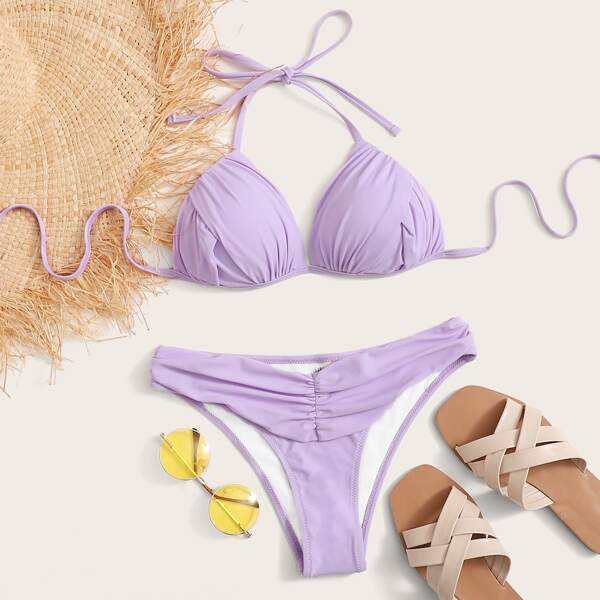 

Ruched Halter Triangle Bikini Swimsuit, Purple