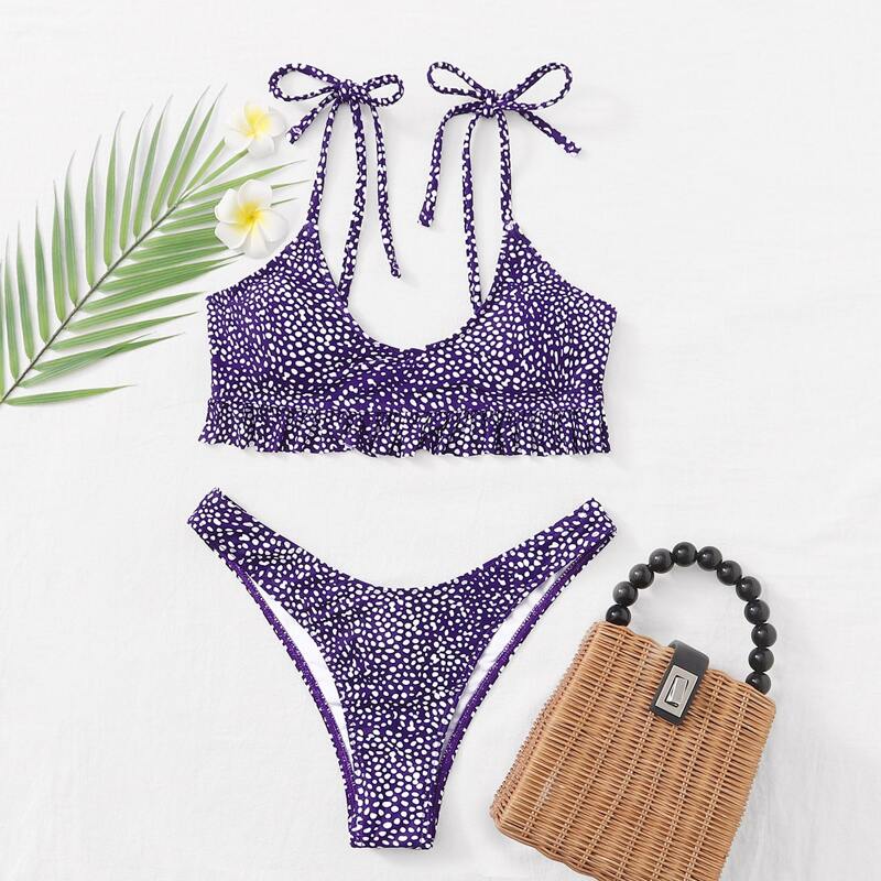 

Dalmatian Tie Shoulder High Cut Bikini Swimsuit, Purple