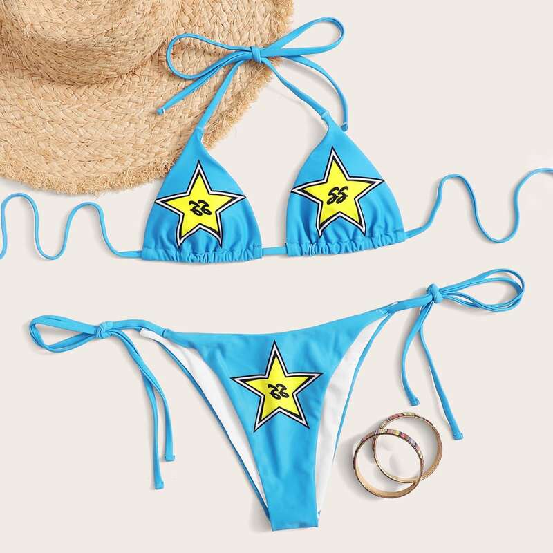 

Star Print Triangle Tie Side Bikini Swimsuit, Blue