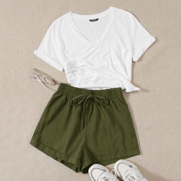 

Pocket Front Top & Tie Waist Shorts Set, Multicolor