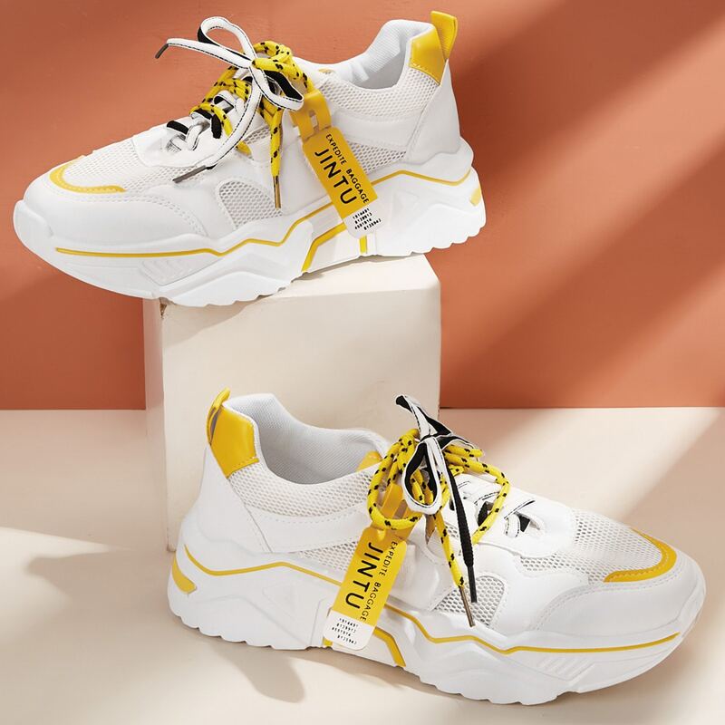 

Letter Tag Lace Up Chunky Sneakers, White