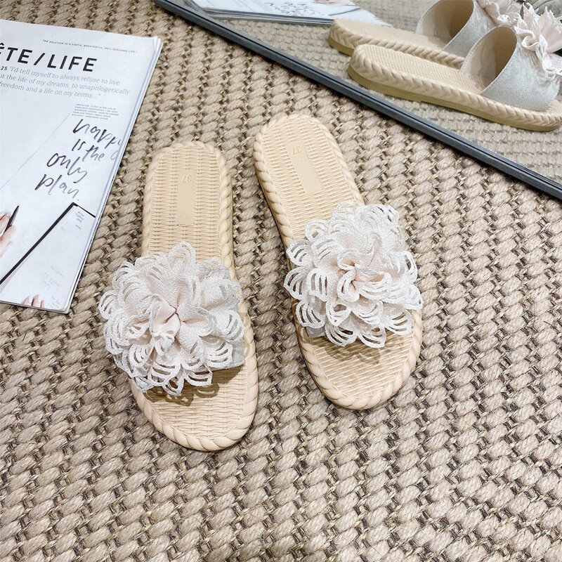 

Floral Open Toe Sliders, Beige