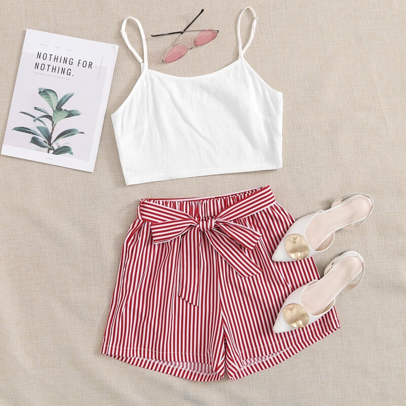 

White Cami & Striped Belted Shorts, Multicolor