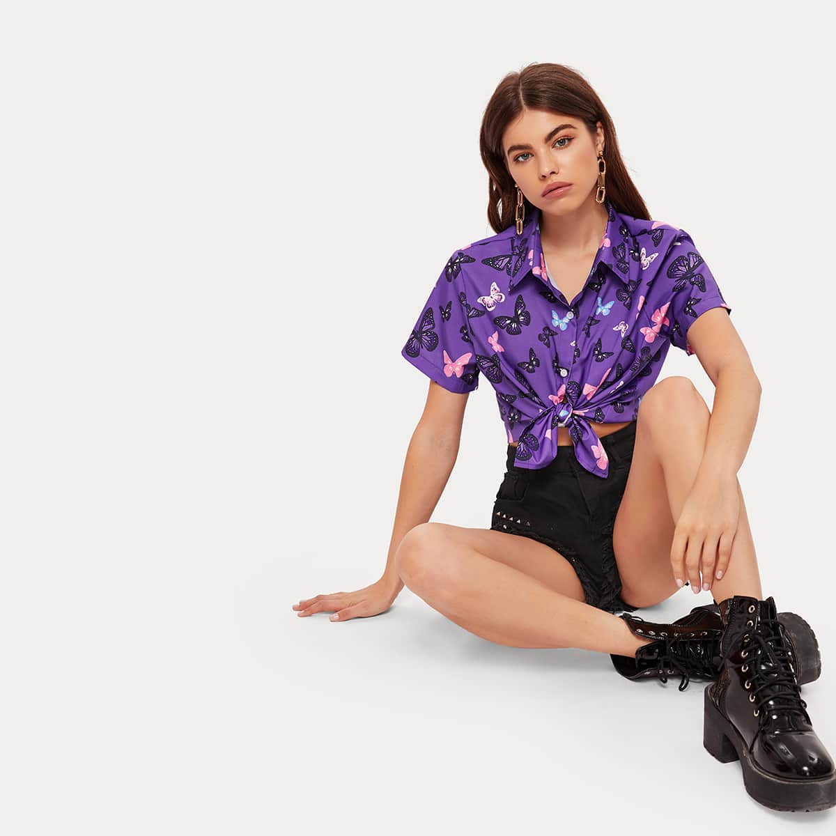 

Butterfly Allover Print Button Up Shirt, Purple