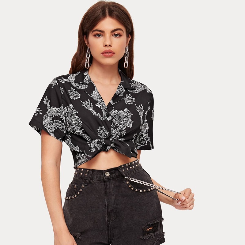 

Dragon Print Button Up Shirt, Black