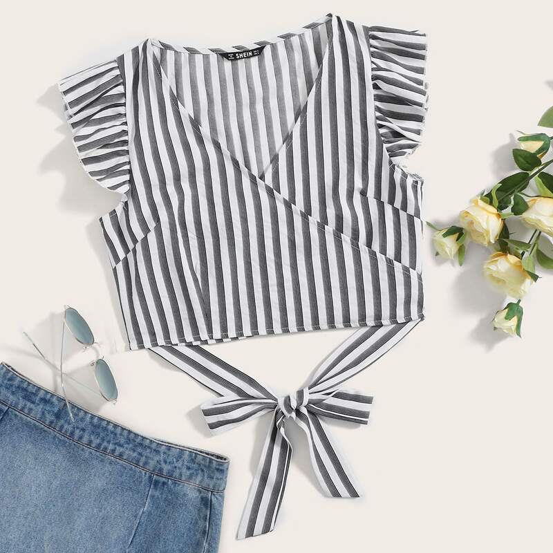 

Ruffle Armhole Tie Back Striped Wrap Top, Black and white