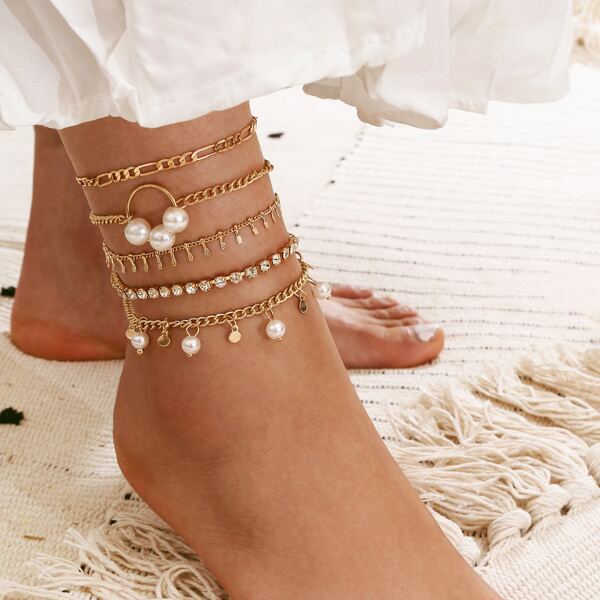

5pcs Faux Pearl Charm Anklet, Gold
