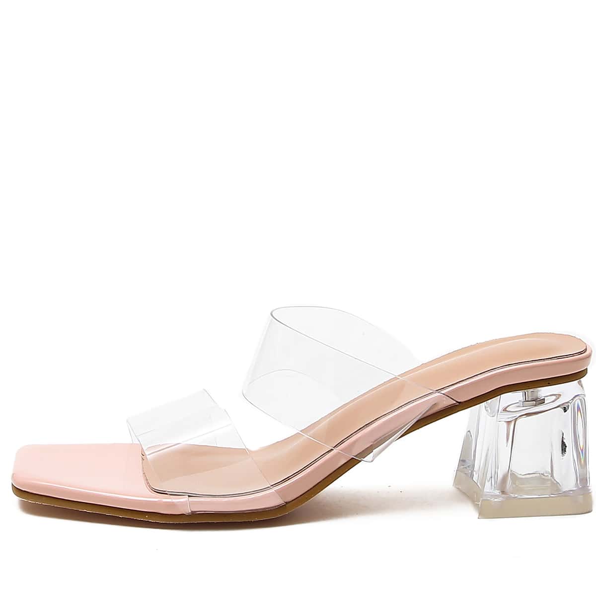 

Clear Open Toe Chunky Heeled Mules, Pink