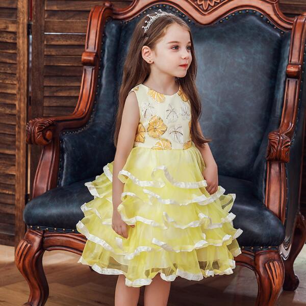 

Toddler Girls Leaf Embroidered Bodice Layered Gown Dress, Yellow pastel