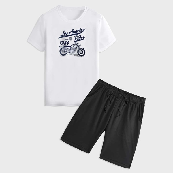 

Men Letter Graphic Tee With Track Shorts, Black and white