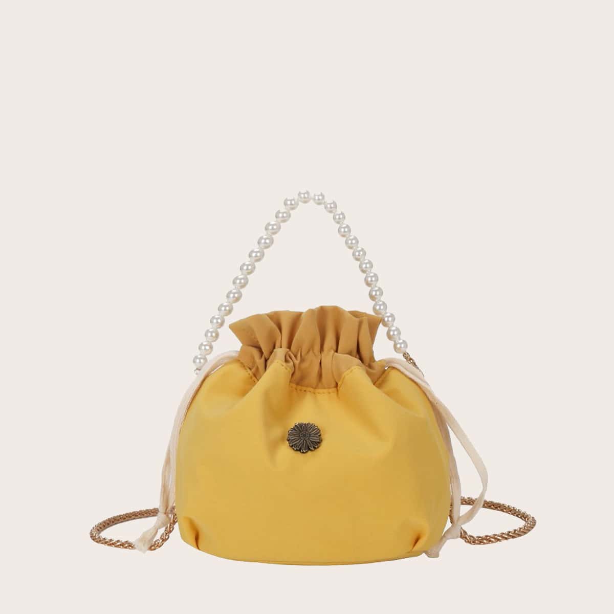 

Faux Pearl Beaded Handle Drawstring Satchel Bag, Yellow