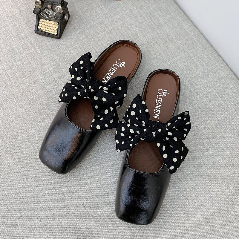 

Polka Dot Bow Tie Flat Mules, Black