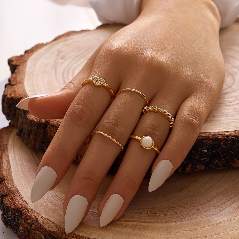 

5pcs Rhinestone Decor Heart Decor Ring, Gold