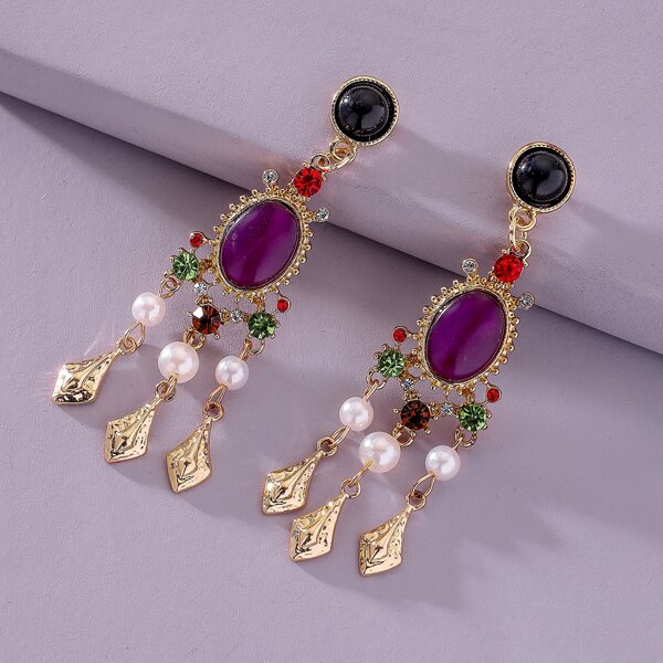

1pair Gemstone Decor Tassel Drop Earrings, Multicolor
