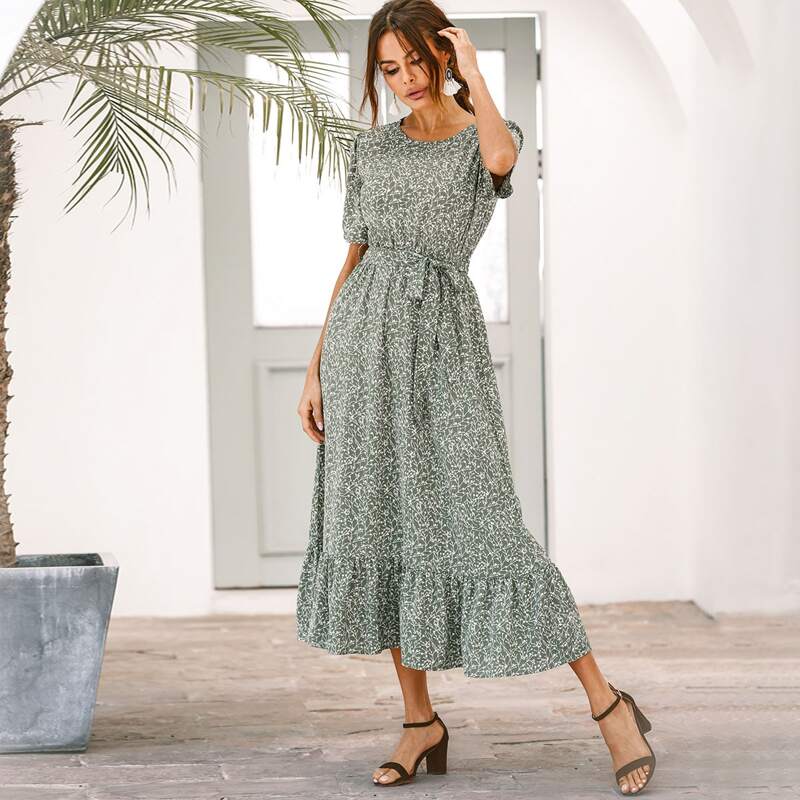 

Allover Print Ruffle Hem Belted Dress, Green