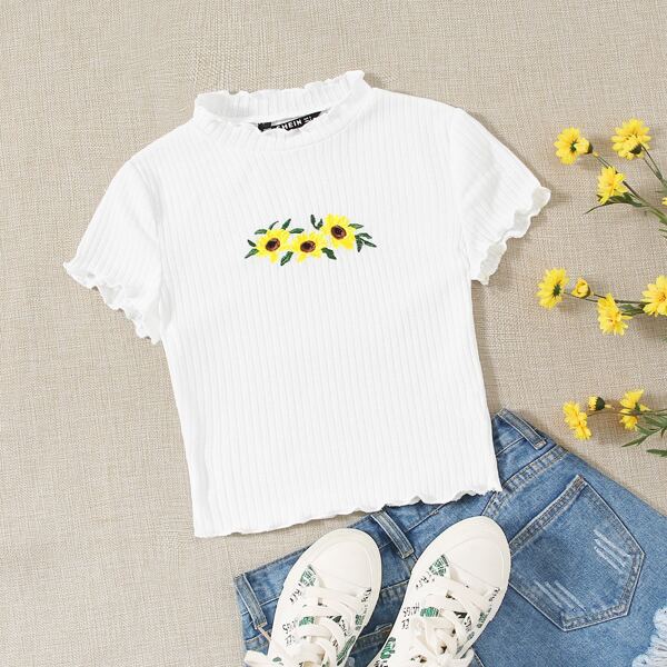 

Lettuce Trim Flower Embroidered Rib-knit Top, White