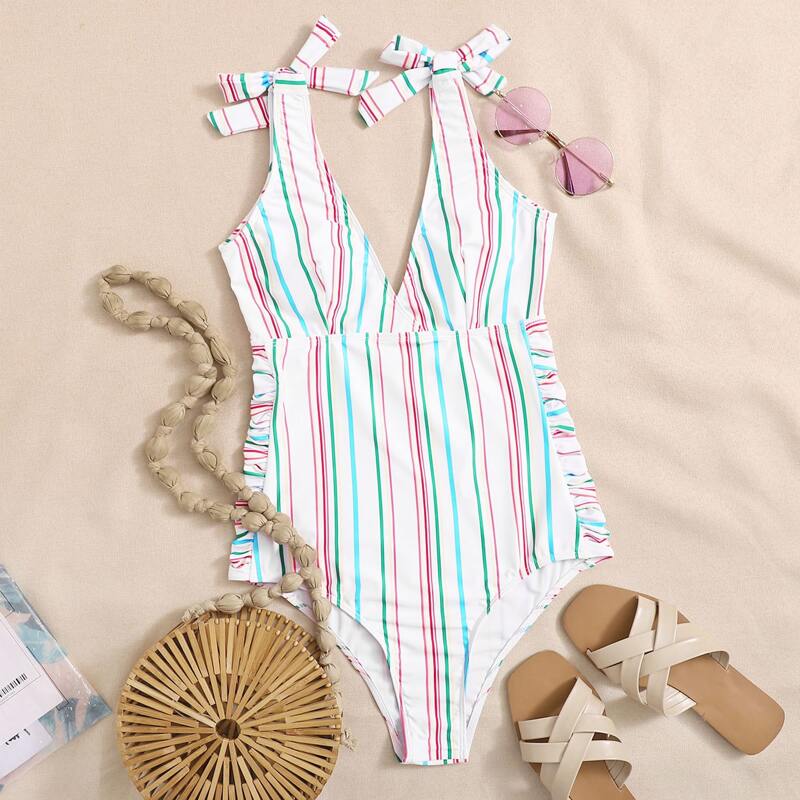 

Striped Tie Shoulder One Piece Swimsuit, Multicolor