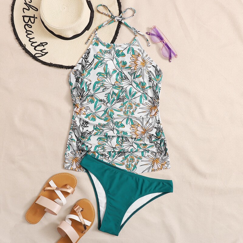 

Plant Print Halter Bikini Swimsuit, Multicolor