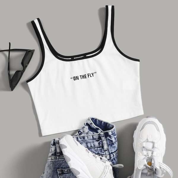 

Slogan Graphic Ringer Crop Tank Top, White