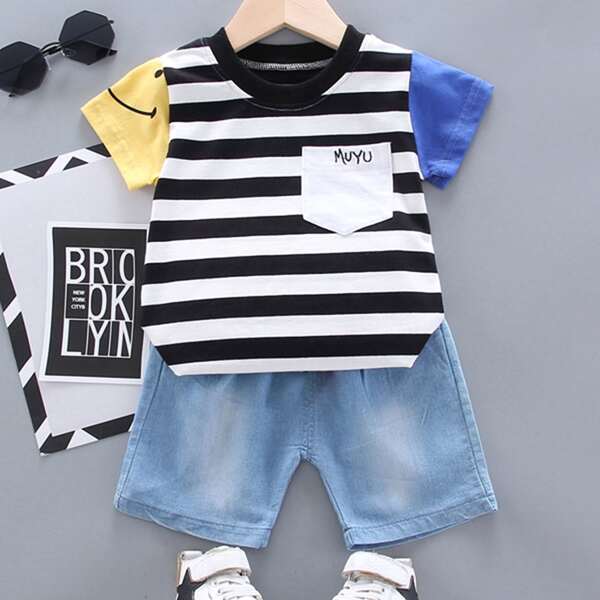 

Toddler Boys Striped Letter Graphic Tee & Denim Shorts, Multicolor