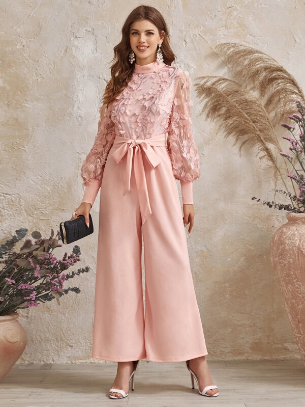 Applique Mesh Lantern Sleeve 