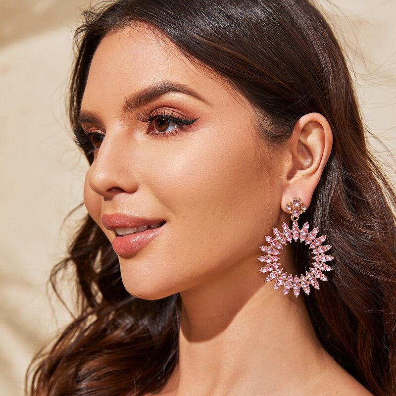 

1pair Rhinestone Decor Round Drop Earrings, Pink