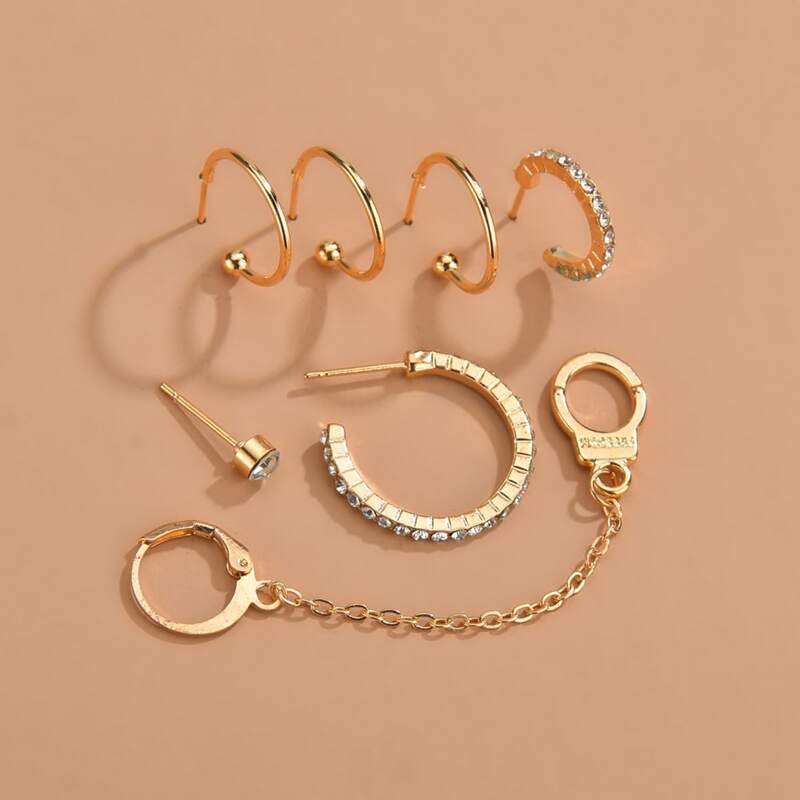 

7pcs Handcuffs Rhinestone Earrings, Gold