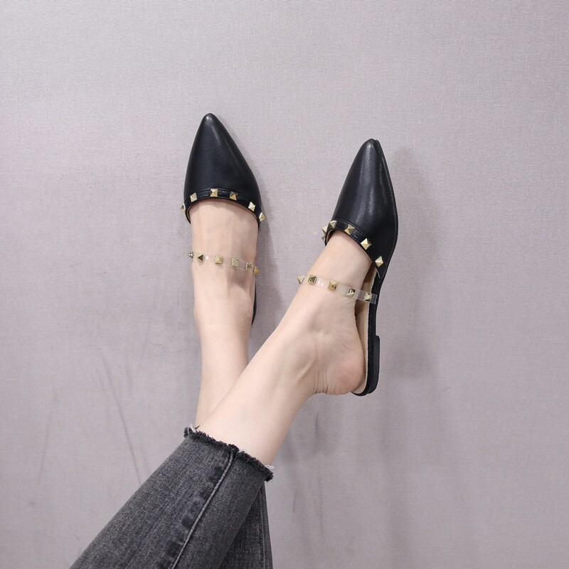 

Studded Pointed Toe Flat Mules, Black