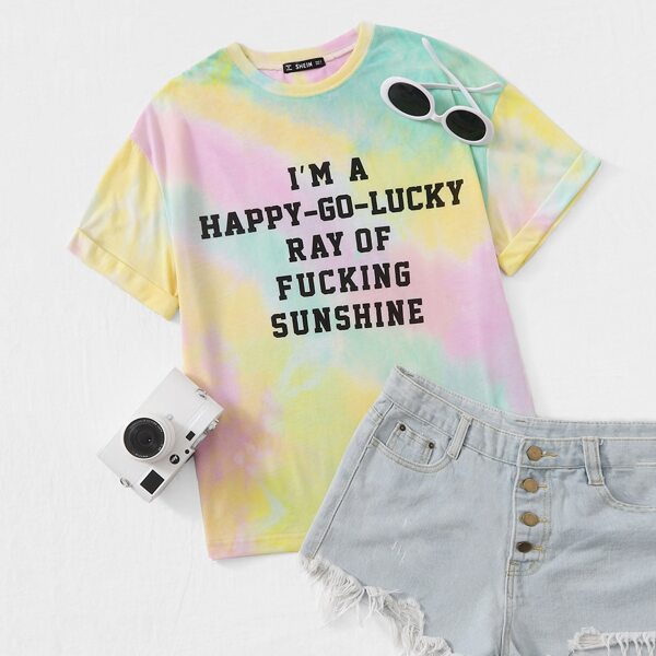 

Slogan Graphic Cuffed Sleeve Tie Dye Tee, Multicolor