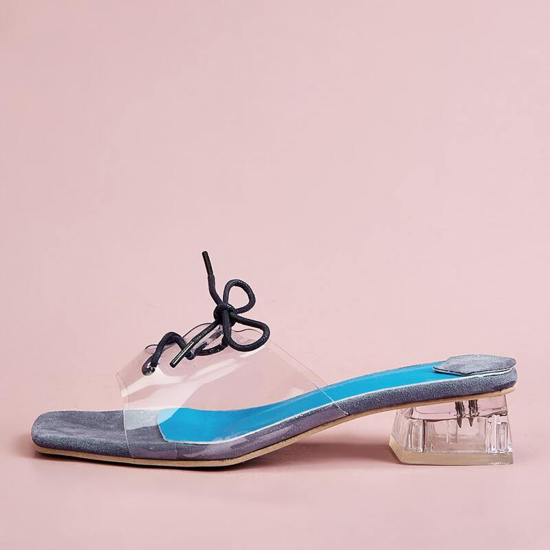 

Lace-up Clear Band Chunky Heels, Blue