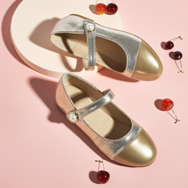 

Toddler Girls Faux Pearl Decor Cap Toe Flats, Gold