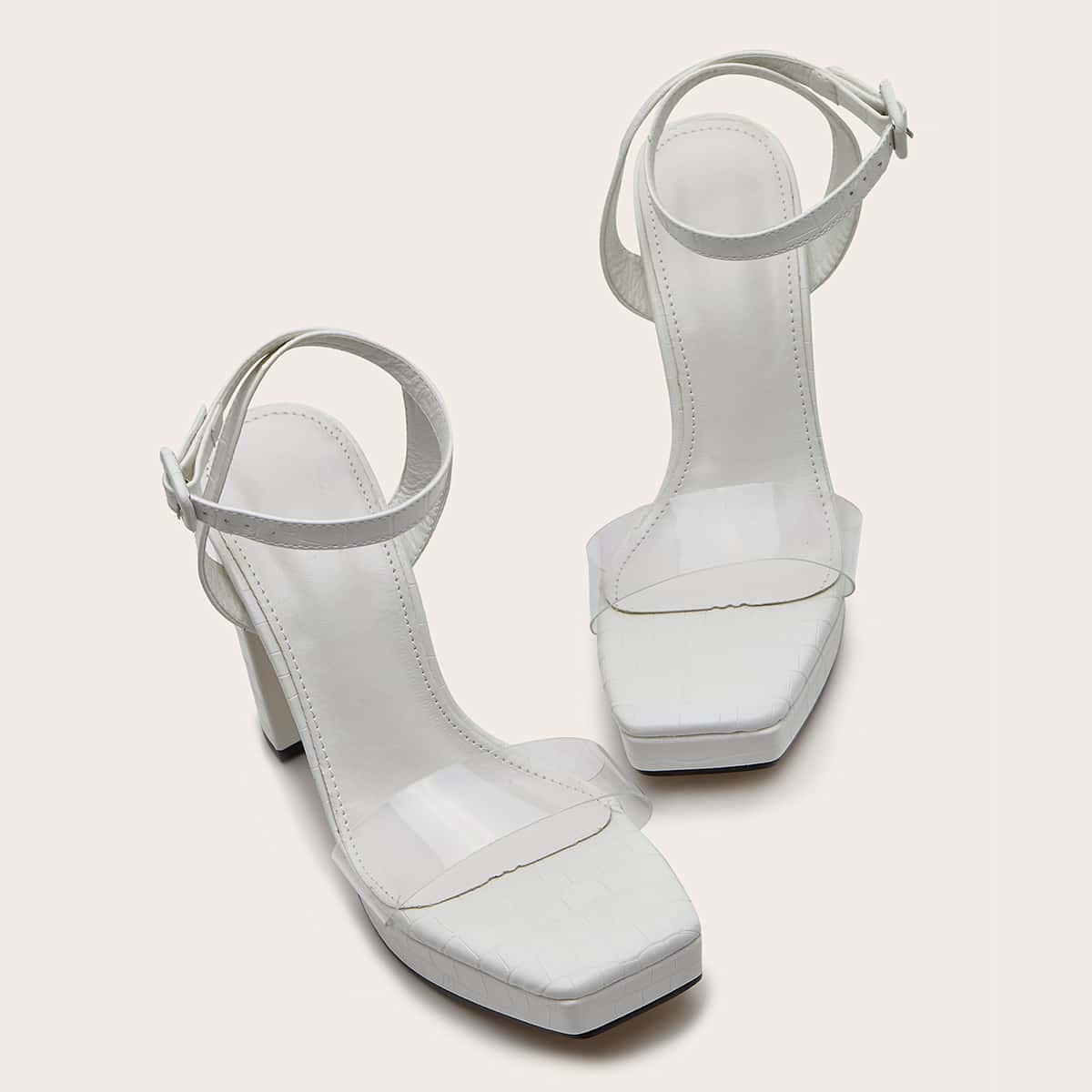 

Clear Open Toe Ankle Strap Chunky Heels, White