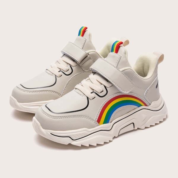 

Boys Lace-up Front Rainbow Striped Sneakers, Beige
