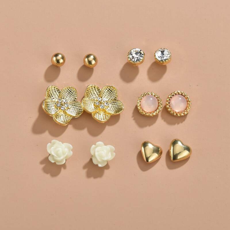 

6pairs Flower Heart Earrings, Multicolor