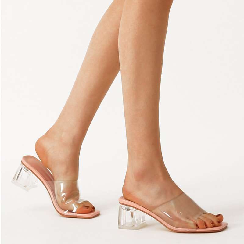 

Clear Chunky Heeled Mules, Pink